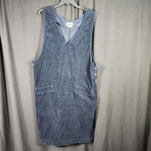 Vintage Hanes Navy Blue Corduroy Pinafore Jumper Dress Womens Large V-Neck 90s